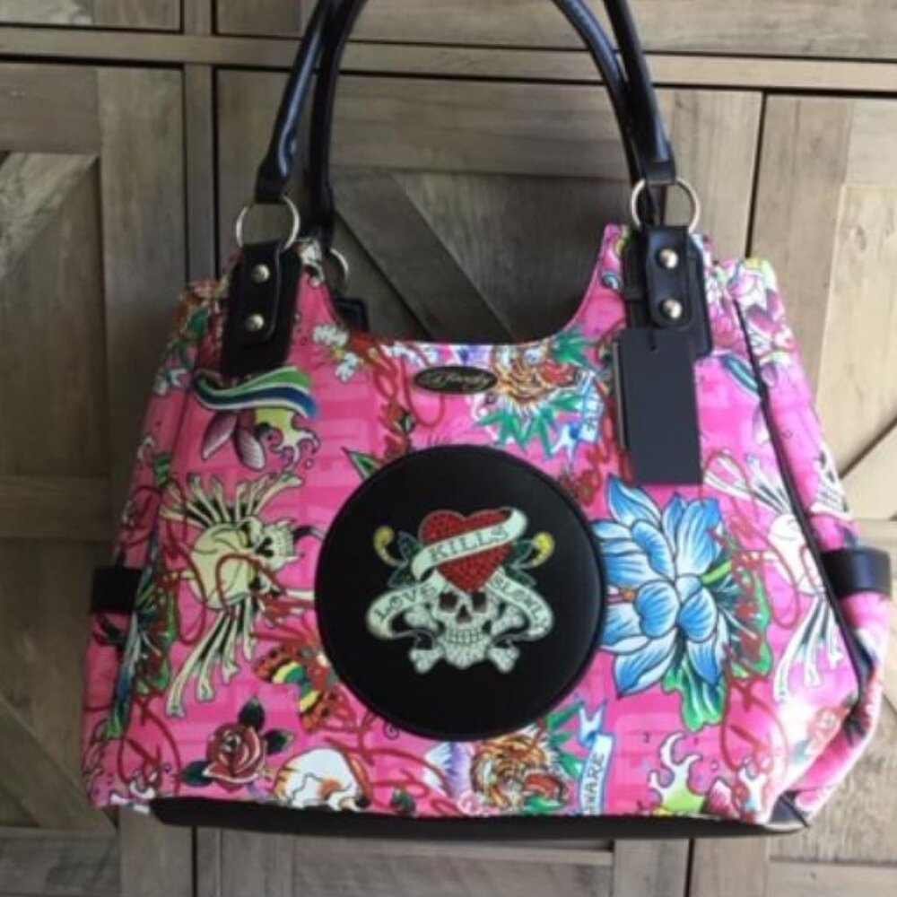 Ed Hardy Pink Floral Tattoo Print Tote Bag